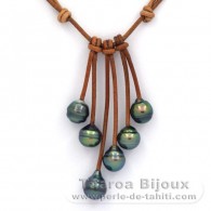 Leather Necklace and 6 Tahitian Pearls Ringed C+ from 9 to 9.2 mm