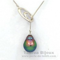 Rhodiated Sterling Silver Necklace and 1 Tahitian Pearl Ringed B+ 9.5 mm