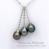 Rhodiated Sterling Silver Necklace and 3 Tahitian Pearls Semi-Baroque B from 8.5 to 8.7 mm