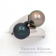 Rhodiated Sterling Silver Ring and 2 Tahitian Pearls Round C 9 and 9.1 mm