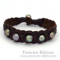 Leather Bracelet and 6 Tahitian Pearls Semi-Baroque C from 8.5 to 9.3 mm