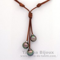 Leather Necklace and 3 Tahitian Pearls Semi-Baroque C from 11 to 11.6 mm