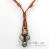 Leather Necklace and 4 Tahitian Pearls Ringed C from 10.5 to 10.7 mm