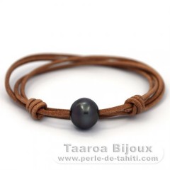 Leather Necklace and 1 Tahitian Pearl Semi-Baroque C 13.7 mm