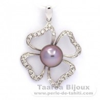 Rhodiated Sterling Silver Pendant and 1 Tahitian Pearl Semi-Round B+ 9.1 mm
