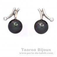 Rhodiated Sterling Silver Earrings and 2 Tahitian Pearls Semi-Round B 9 mm