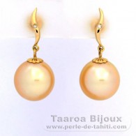 18K solid Gold Earrings + 2 diamonds of 0.01 carats HS1 and 2 Australian Pearls Semi-Round B 11 mm