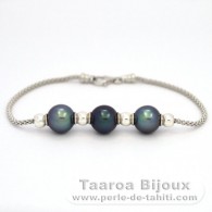 Rhodiated Sterling Silver Bracelet and 3 Tahitian Pearls Semi-Round C from 9.5 to 9.7 mm