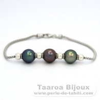 Rhodiated Sterling Silver Bracelet and 3 Tahitian Pearls Semi-Round B+ from 9.7 to 9.8 mm