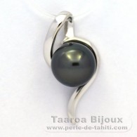 Rhodiated Sterling Silver Pendant and 1 Tahitian Pearl Round C 9.1 mm