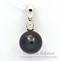 Rhodiated Sterling Silver Pendant and 1 Tahitian Pearl Round C 8.9 mm