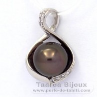 Rhodiated Sterling Silver Pendant and 1 Tahitian Pearl Round C 9.8 mm
