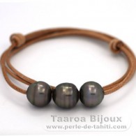 Leather Necklace and 3 Tahitian Pearls Ringed C from 12.8 to 12.9 mm