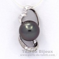 Rhodiated Sterling Silver Pendant and 1 Tahitian Pearl Round C 9.4 mm