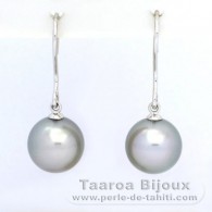 18K Solid White Gold Earrings and 2 Tahitian Pearls Round B 9.8 mm