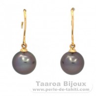 18K solid Gold Earrings and 2 Tahitian Pearls Round B 9 mm