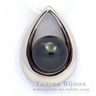 Rhodiated Sterling Silver Pendant and 1 Tahitian Pearl Round C 9.1 mm