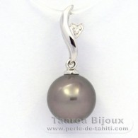 Rhodiated Sterling Silver Pendant and 1 Tahitian Pearl Round C (A+) 9.8 mm