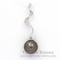 Rhodiated Sterling Silver Pendant and 1 Tahitian Pearl Round C 9.4 mm