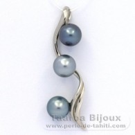 Rhodiated Sterling Silver Pendant and 3 Tahitian Pearls Round C from 9.7 to 9.9 mm