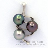 Rhodiated Sterling Silver Pendant and 3 Tahitian Pearls Round C from 9.6 to 9.7 mm