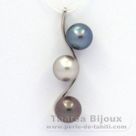 Rhodiated Sterling Silver Pendant and 3 Tahitian Pearls Round C 9.6 mm