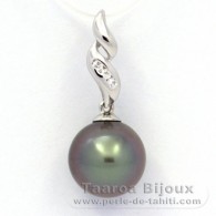 Rhodiated Sterling Silver Pendant and 1 Tahitian Pearl Round C 10.4 mm