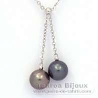 Rhodiated Sterling Silver Necklace and 2 Tahitian Pearls Round C 8.8 mm