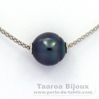 Rhodiated Sterling Silver Necklace and 1 Tahitian Pearl Ringed B 12.5 mm