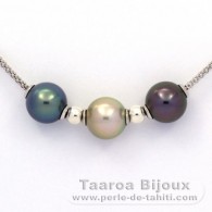 Rhodiated Sterling Silver Necklace and 3 Tahitian Pearls Semi-Round C+ from 10.7 to 11 mm