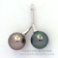 Rhodiated Sterling Silver Pendant and 2 Tahitian Pearls Round C 10.1 and 10.2 mm