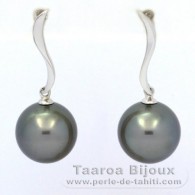 Rhodiated Sterling Silver Earrings and 2 Tahitian Pearls Round C 10.6 mm