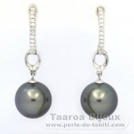 Rhodiated Sterling Silver Earrings and 2 Tahitian Pearls Round C 10.5 mm