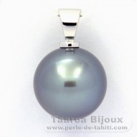 18K Solid White Gold Pendant and 1 Tahitian Pearl Round B+ 13.4 mm