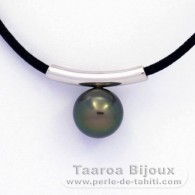 Rhodiated Sterling Silver Pendant and 1 Tahitian Pearl Round C 9.7 mm with a black cotton necklace