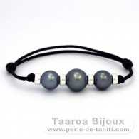 Waxed Cotton Bracelet and 3 Tahitian Pearls Round C from 10.3 to 12 mm