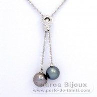 Rhodiated Sterling Silver Necklace and 2 Tahitian Pearls Round C 11 and 11.2 mm