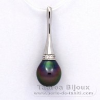 Rhodiated Sterling Silver Pendant and 1 Tahitian Pearl Semi-Baroque B 9.8 mm