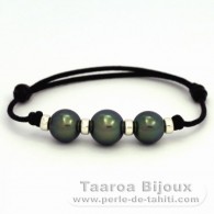 Waxed Cotton Bracelet and 3 Tahitian Pearls Round C from 10 to 10.9 mm