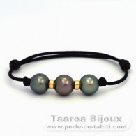 Waxed Cotton Bracelet and 3 Tahitian Pearls Round C from 10.3 to 10.5 mm