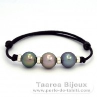 Waxed Cotton Bracelet and 3 Tahitian Pearls Round C+ from 10.6 to 10.7 mm