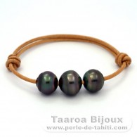 Leather Bracelet and 3 Tahitian Pearls Ringed C from 12.5 to 13.5 mm