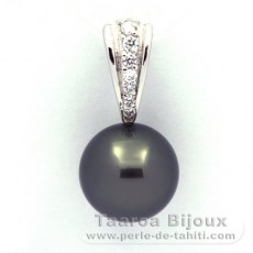 Rhodiated Sterling Silver Pendant and 1 Tahitian Pearl Round C 12.6 mm