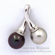 Rhodiated Sterling Silver Pendant and 2 Tahitian Pearls Round C 9.8 and 9.9 mm