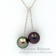 Rhodiated Sterling Silver Necklace and 2 Tahitian Pearls Round C+ 9.6 and 9.7 mm