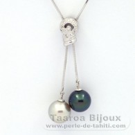 Rhodiated Sterling Silver Necklace and 2 Tahitian Pearls Round C+ 10.8 and 10.9 mm