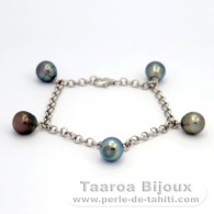 Rhodiated Sterling Silver Bracelet and 5 Tahitian Pearls Ringed C 8.7 mm