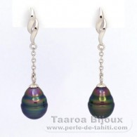 Rhodiated Sterling Silver Earrings and 2 Tahitian Pearls Ringed C 9.5 mm