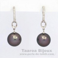 Rhodiated Sterling Silver Earrings and 2 Tahitian Pearls Round C 11.2 mm