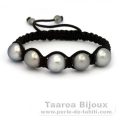 Nylon Bracelet, 5 Tahitian Pearls Semi-Baroque C from 11.2 to 12.2 mm and 2 keishis